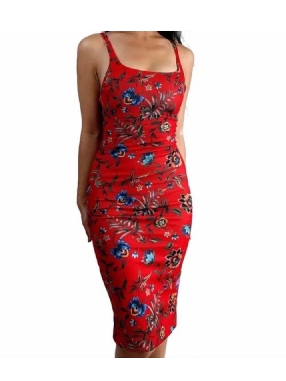 Zara red floral tropical bodycon midi dress medium